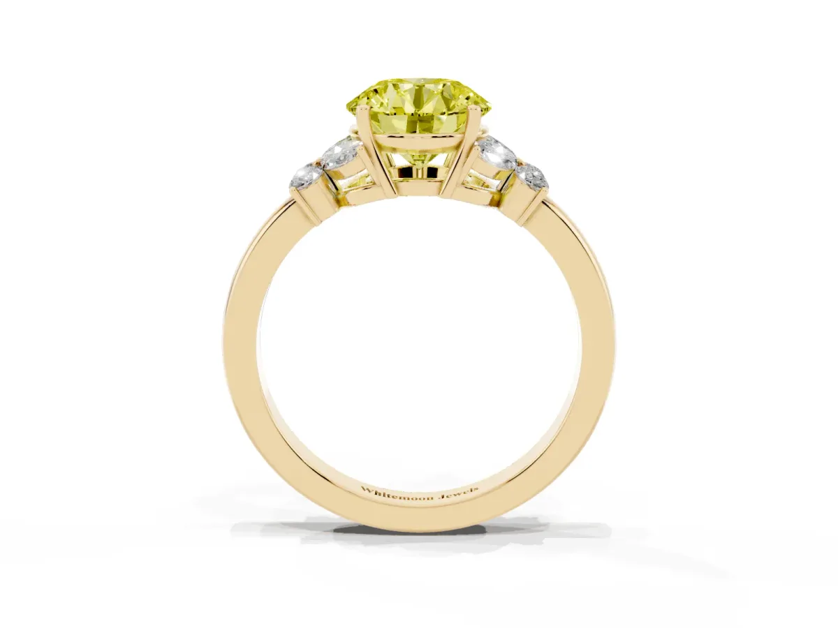 Fancy Yellow Round Cut Cut Solitaire Floral Diamond Ring with Four-Prong Setting Yellow gold