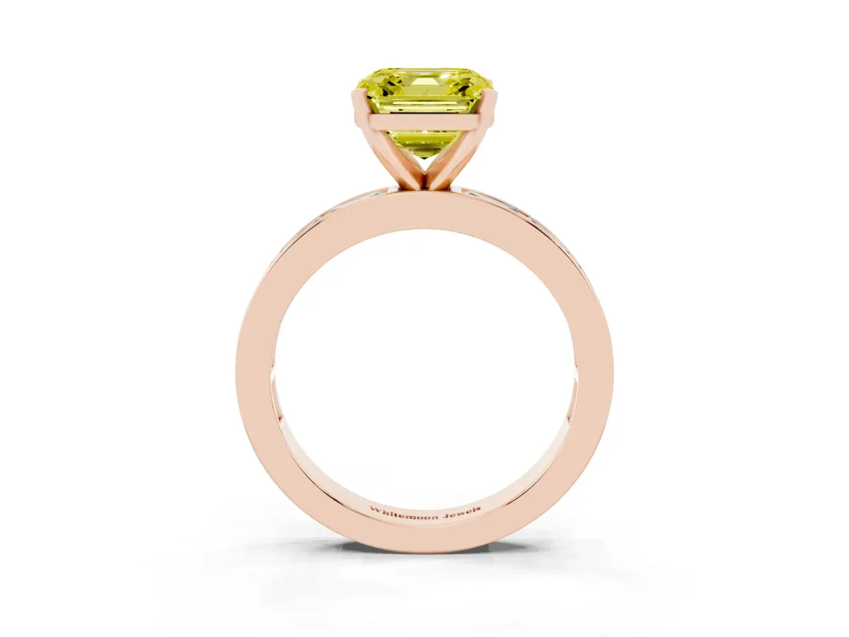 Fancy Yellow Asscher Cut Solitaire Diamond Ring with Channel-Set Baguette Band and Four-Prong Setting Rose gold