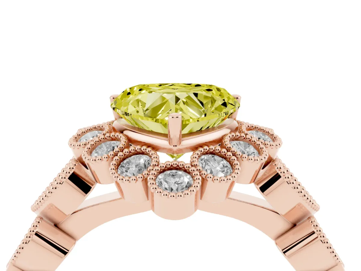 Fancy Yellow Heart Cut Brilliant Milgrain Pave Heart Band Solitaire Ring Rose gold