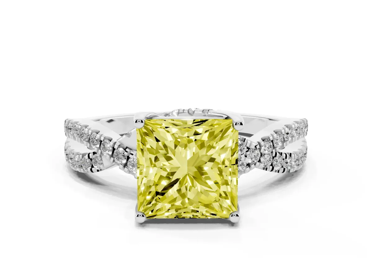 Fancy Yellow Princess Cut Solitaire Twist Pave Diamond Engagement Ring with Prong Setting Silver