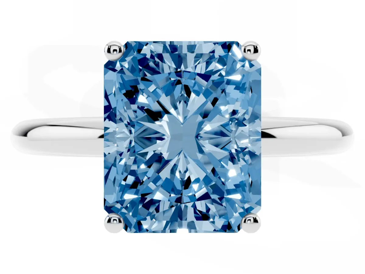 Fancy Blue Radiant Cut Cut Solitaire Engagement Ring with Four-Prong Setting and Classic Band Platinum