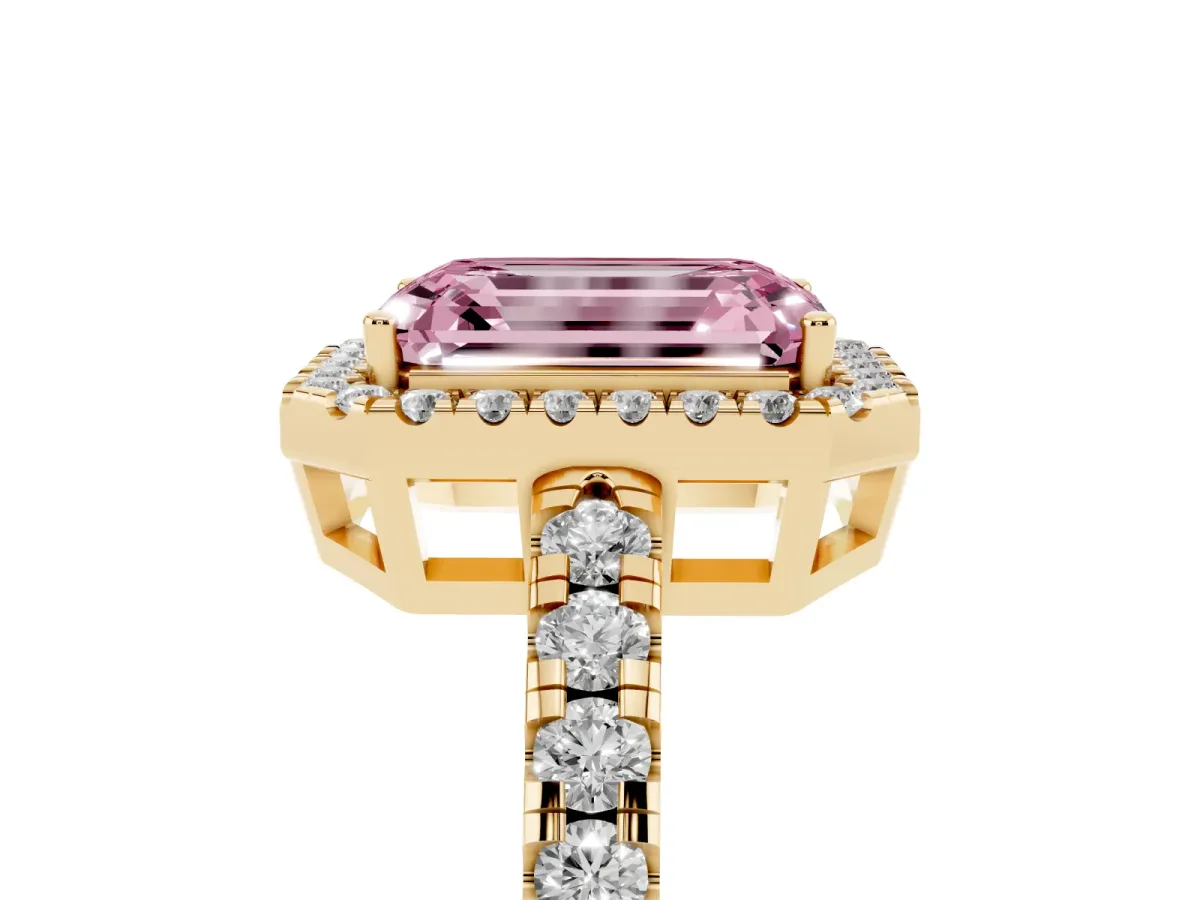 Fancy Pink Emerald Cut Diamond Halo Ring with Pavé Band and Four-Prong Setting Yellow gold