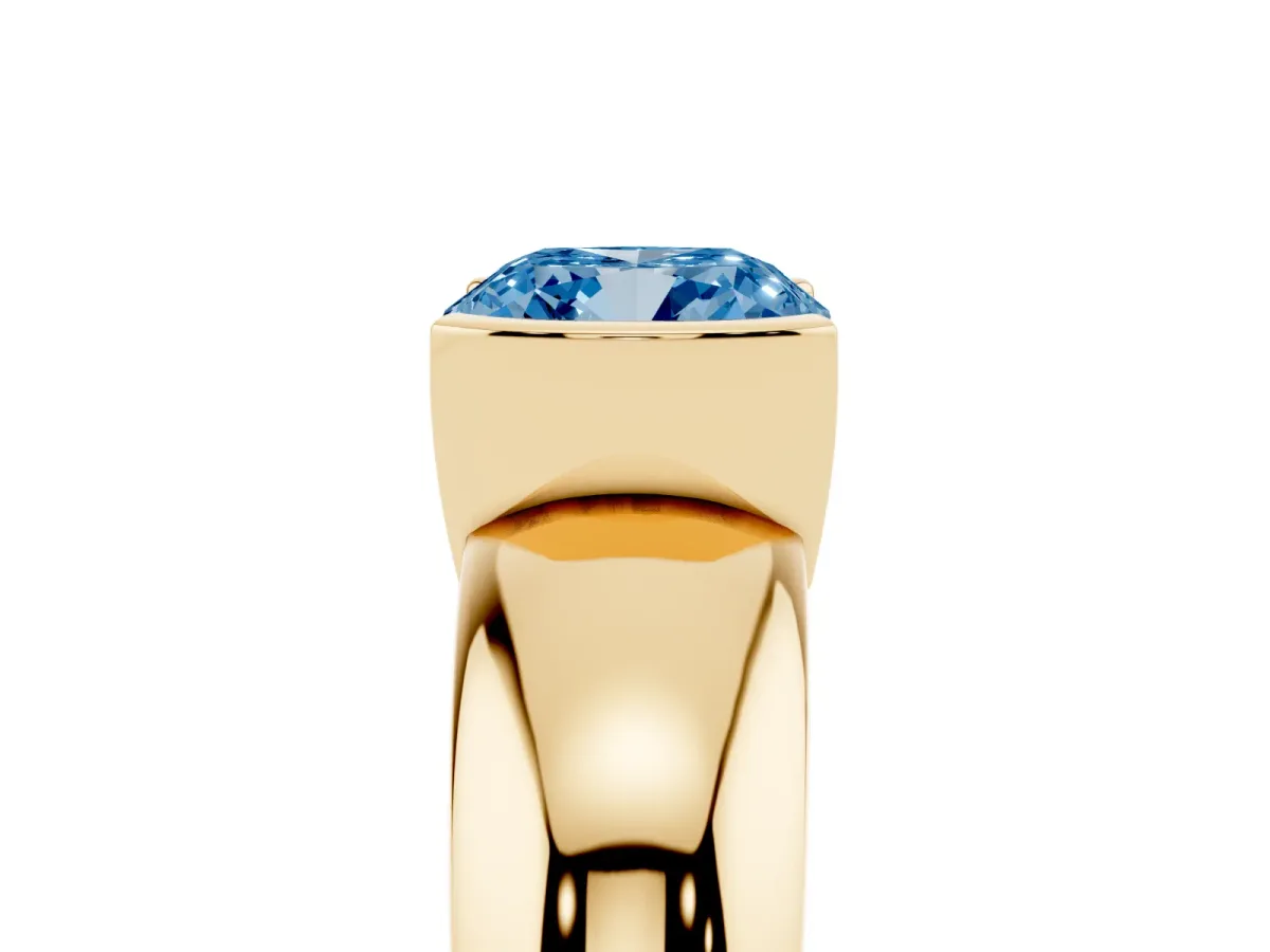 Fancy Blue Cushion Cut Solitaire Tension Set Diamond Ring with Wide Band Yellow gold