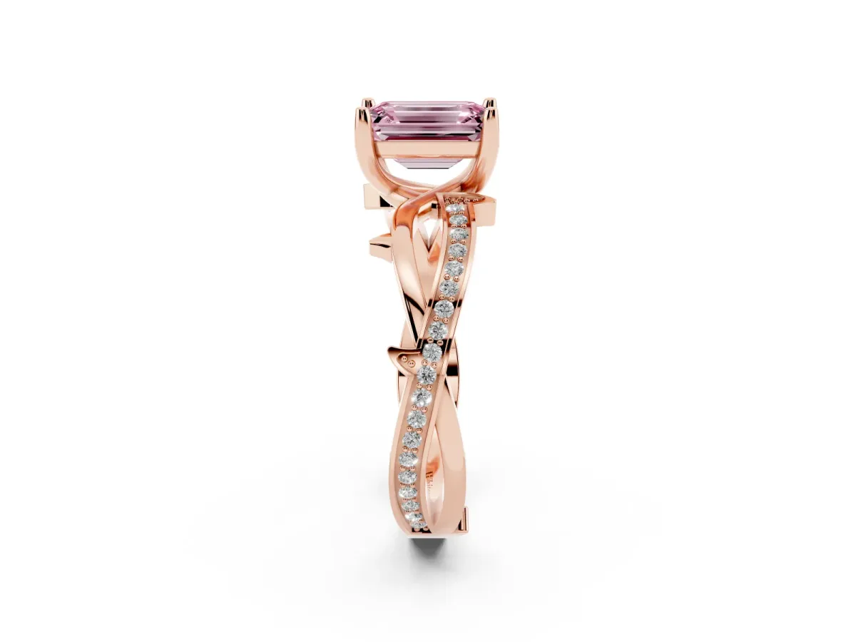 Fancy Pink Emerald Cut Solitaire Twist Band with Pavé Accents and Four-Prong Setting Rose gold