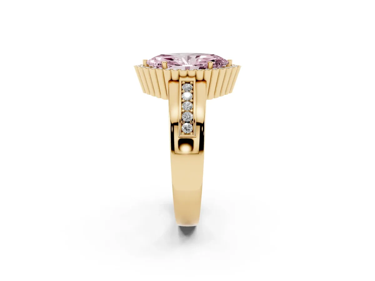 Fancy Pink Marquise Cut Cut Halo Pave Band Four-Prong Ring Yellow gold