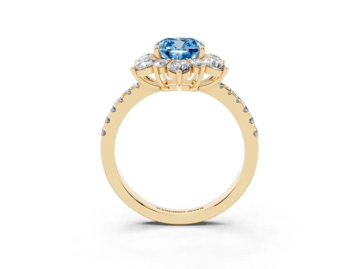 Fancy Blue Cushion Cut Diamond Floral Halo Ring with Round Pavé Band and Prong Setting Yellow gold