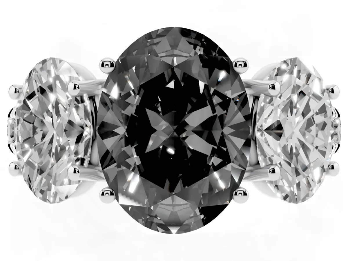 Fancy Black Three-Stone Oval Cut Diamond Pavé Band with Prong Setting Silver