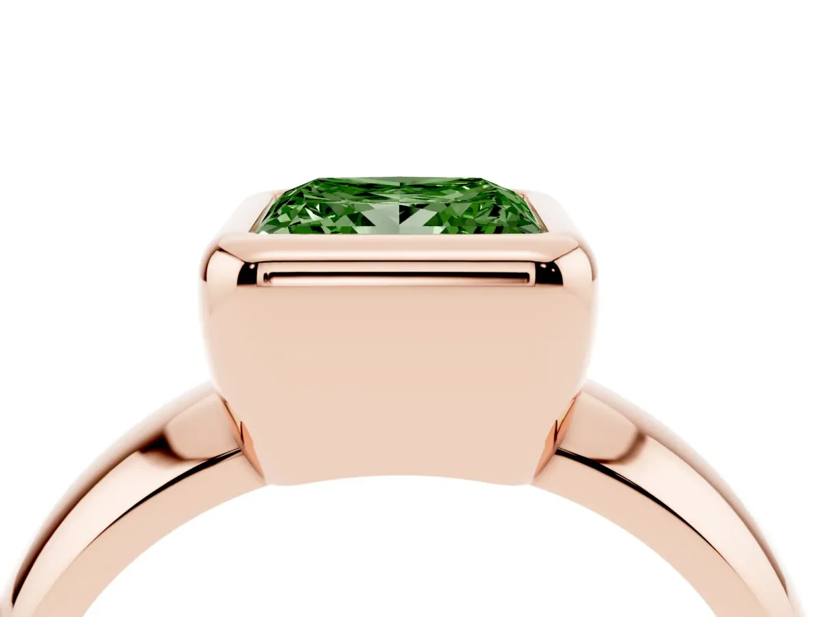 Fancy Green Bezel Set Princess Cut Solitaire Ring with Wide Band Rose gold
