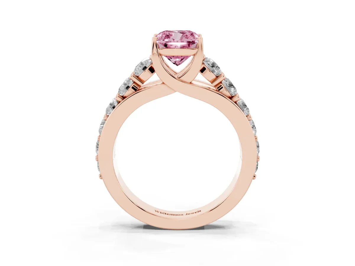 Fancy Pink Cushion Cut Diamond Engagement Ring with Pavé Band and Four-Prong Setting Rose gold