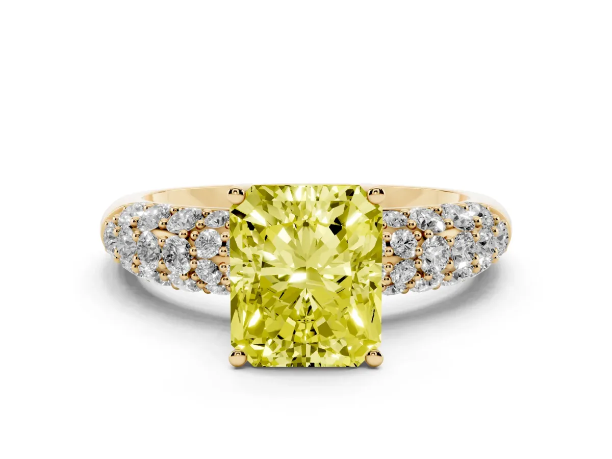 Fancy Yellow Radiant Cut Diamond Pavé Band Solitaire Ring with Four-Prong Setting Yellow gold