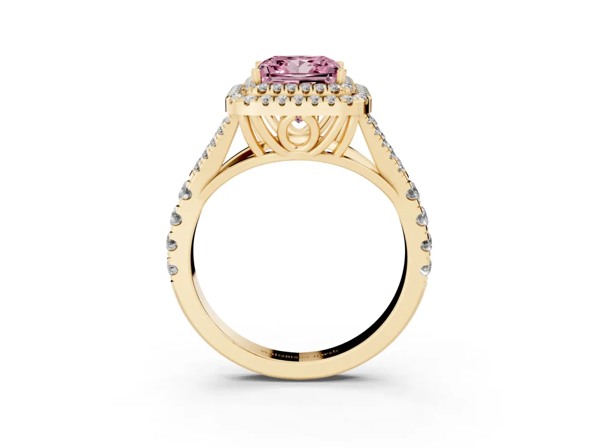 Fancy Pink Princess Cut Diamond Pavé Split Shank Double Halo Engagement Ring Yellow gold