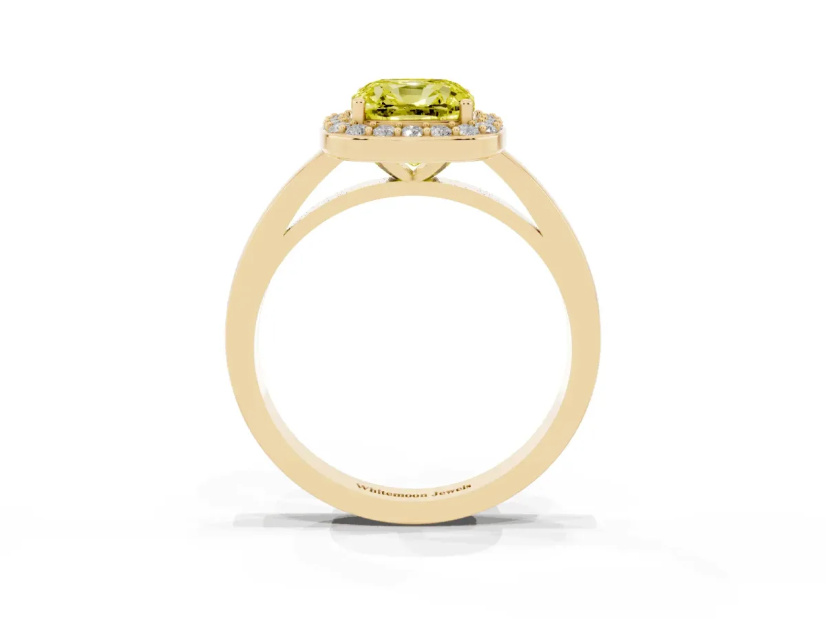 Fancy Yellow Cushion Cut Halo Diamond Ring with Solitaire Band and Prong Setting Yellow gold