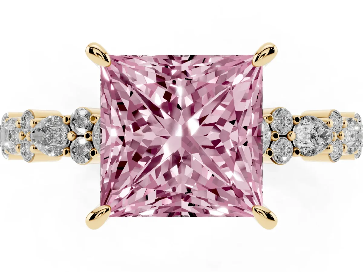 Fancy Pink Princess Cut Diamond Side Stone Solitaire Ring with Round and Four-Prong Setting Yellow gold