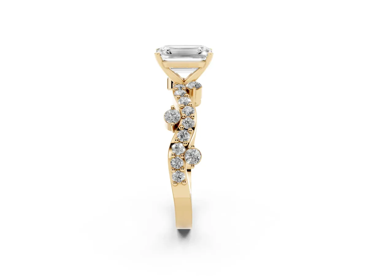 Emerald Cut Cut Solitaire Diamond Twisted Band with Pave Setting Yellow gold