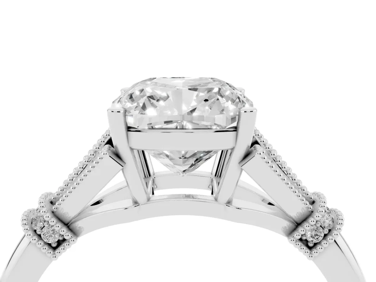Cushion Cut Diamond Solitaire Ring with Floral Filigree and Pave Accents White gold