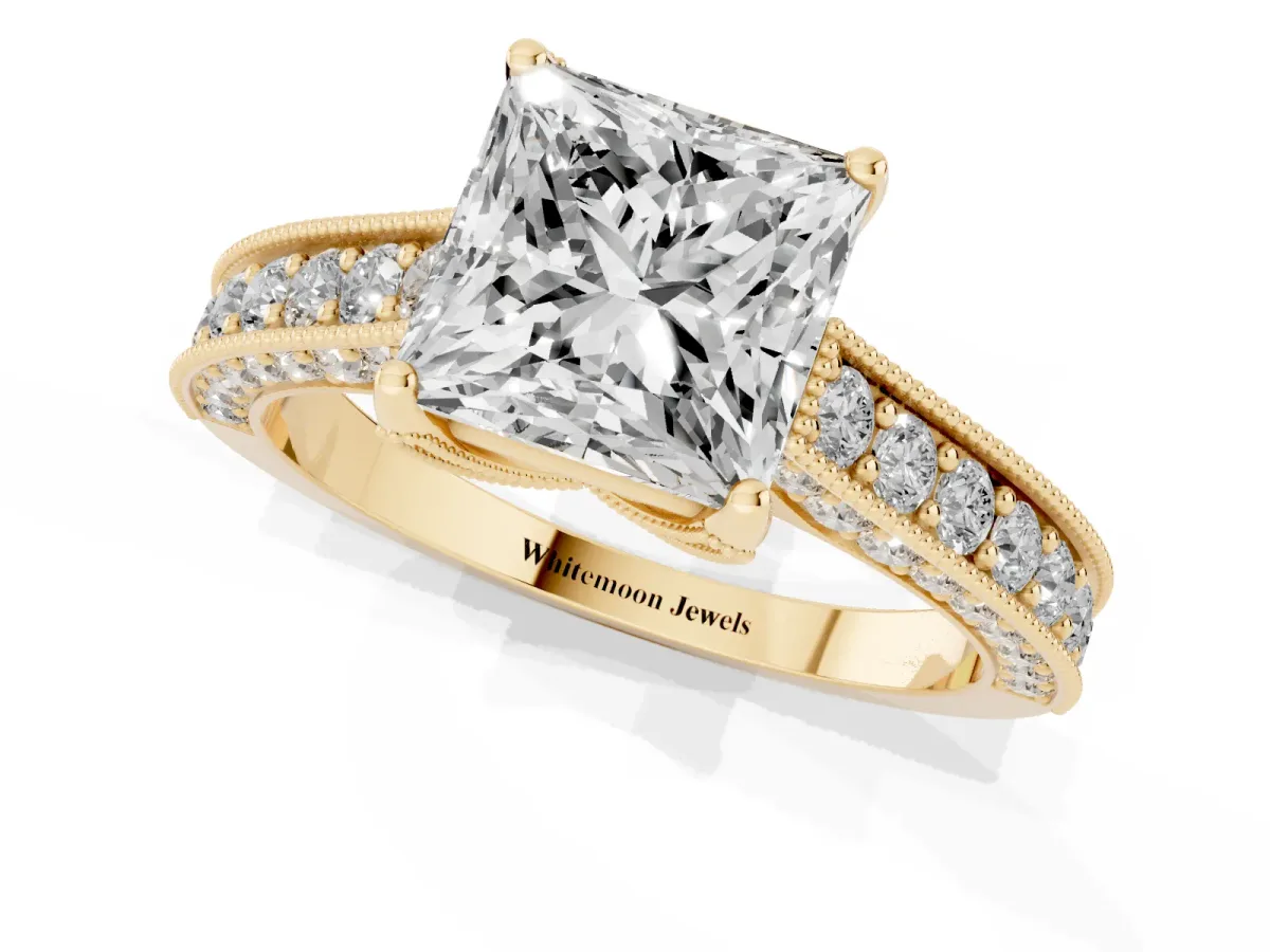 Princess Cut Cut Diamond Solitaire Ring with Milgrain Pave Band and Four Prong Setting Yellow gold