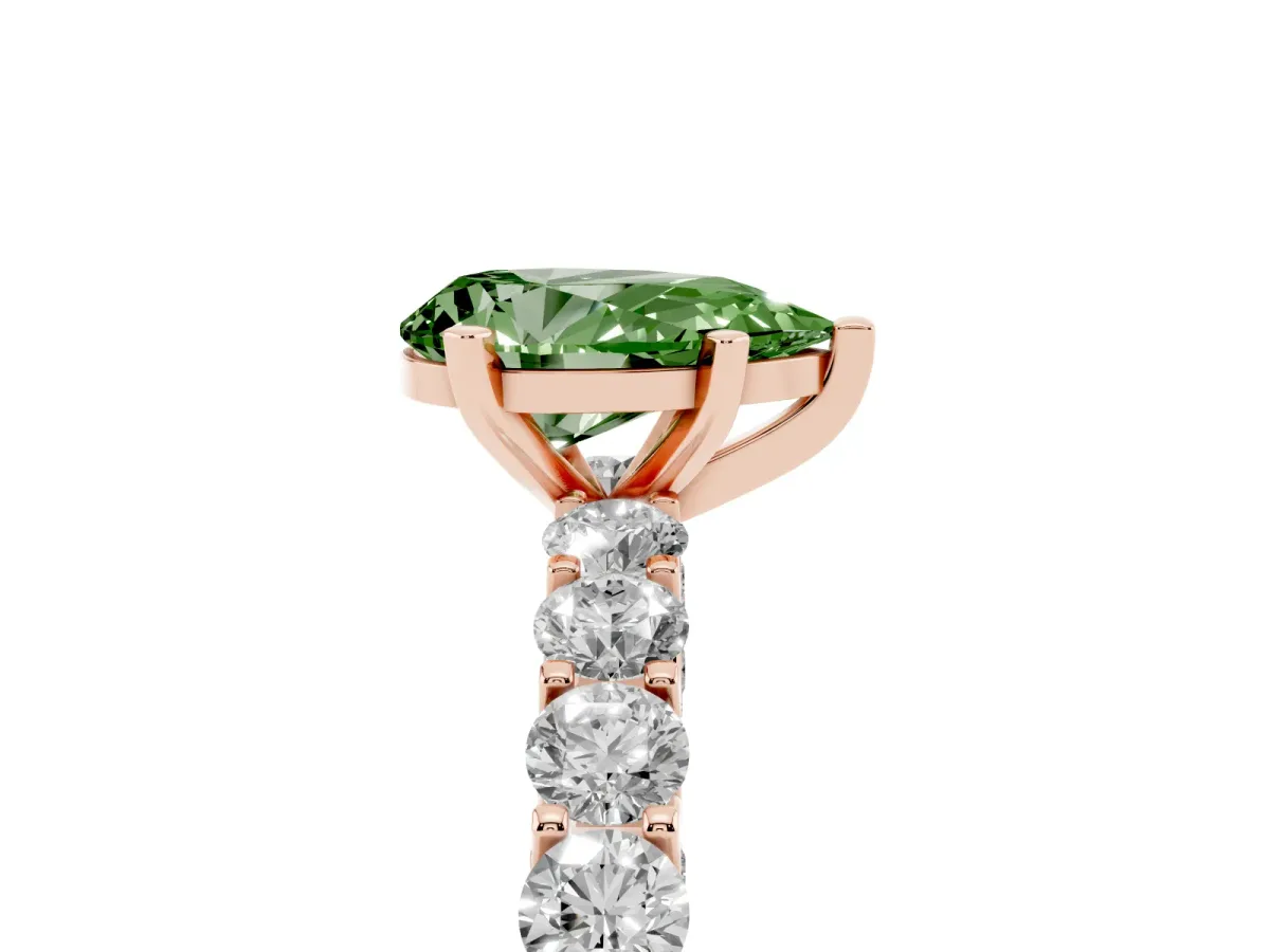 Fancy Green Pear Cut Diamond Solitaire Ring with Shared Prong Pavé Band and Four-Prong Setting Rose gold