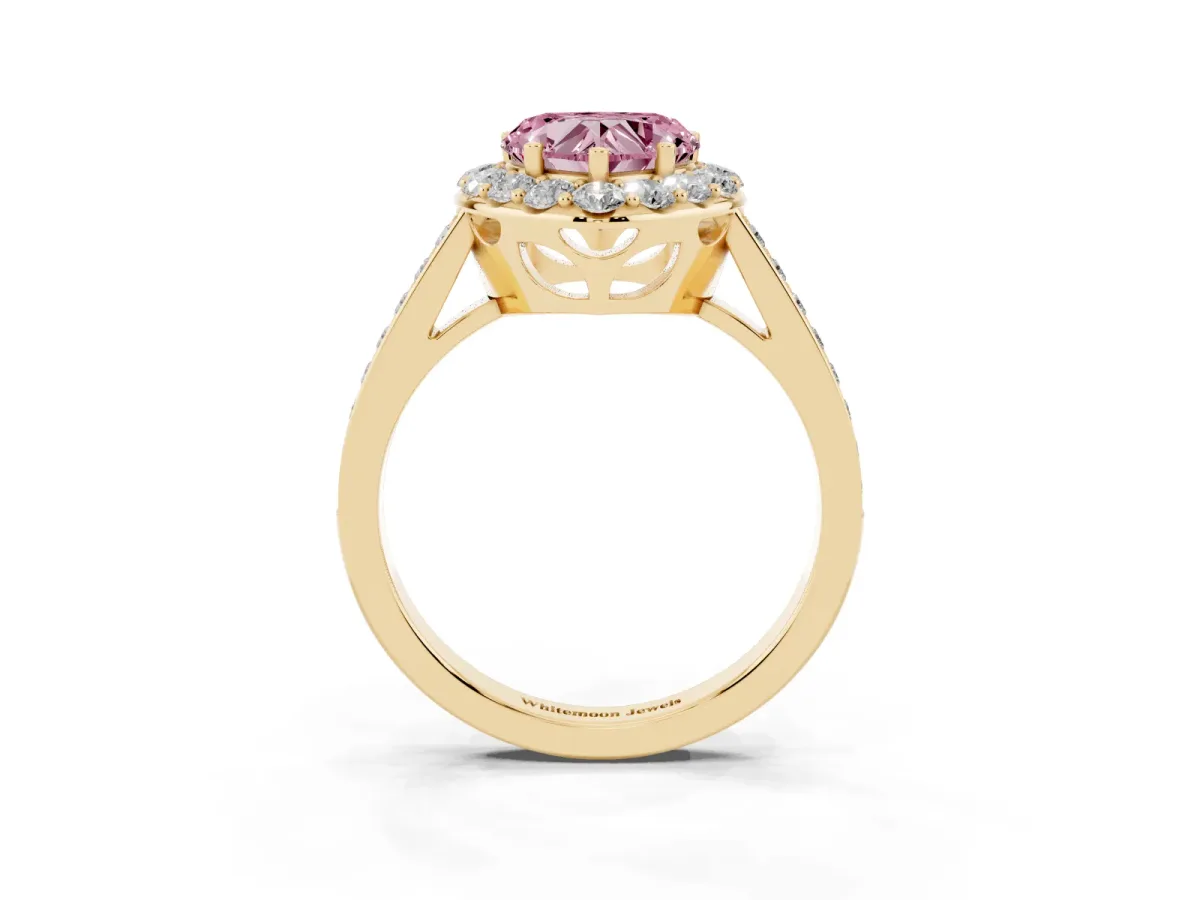 Fancy Pink Heart Cut Diamond Floral Halo Ring with Pavé Band and Prong Setting Yellow gold