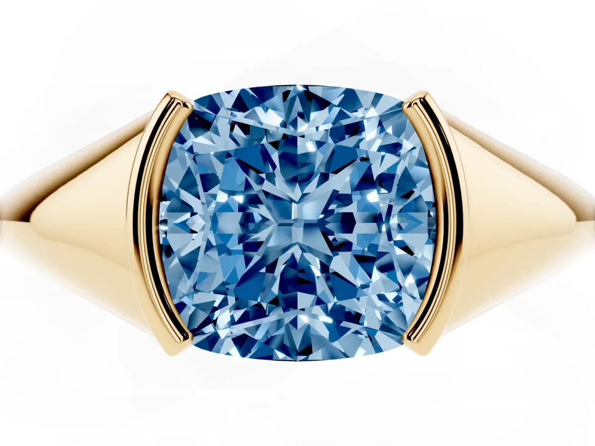 Fancy Blue Cushion Cut Solitaire Tension Set Diamond Ring Yellow gold