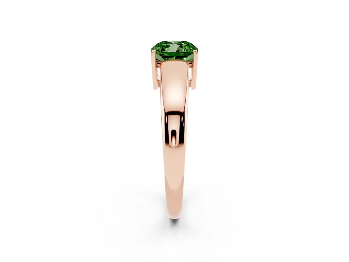 Fancy Green Cushion Cut Solitaire Diamond Ring with Tapered Band and Four-Prong Setting Rose gold