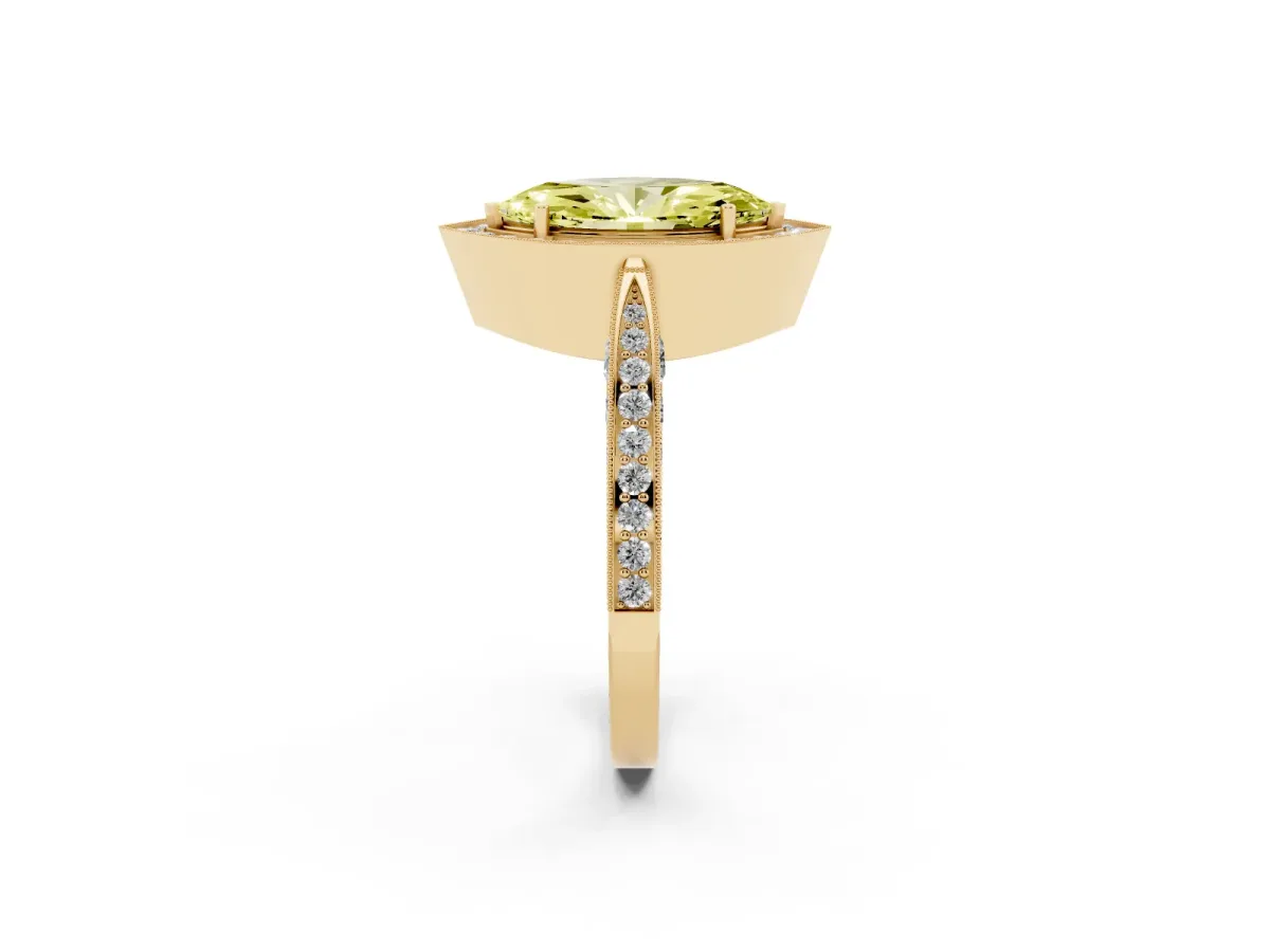 Fancy Yellow Marquise Cut Halo Diamond Engagement Ring with Split Shank Band and Four-Prong Setting Yellow gold