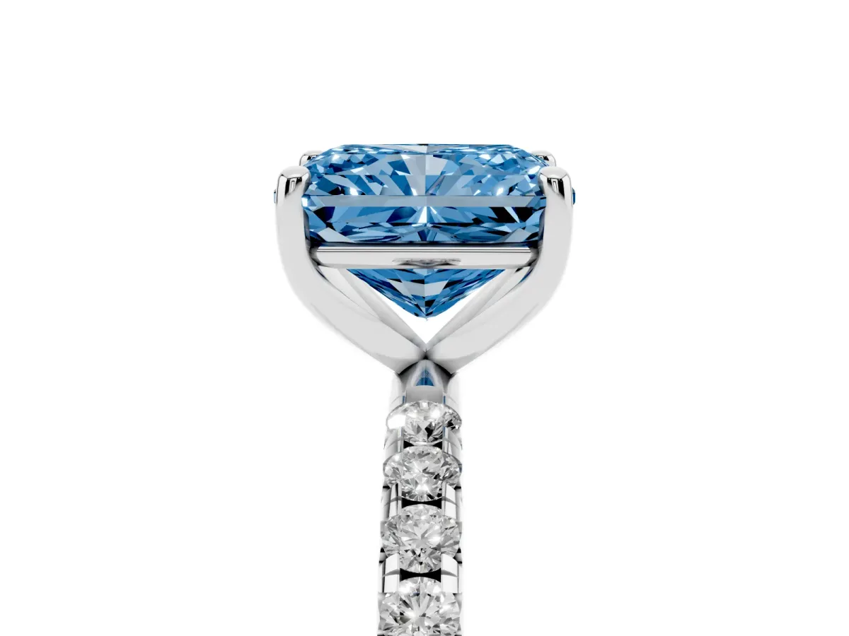 Fancy Blue Radiant Cut Cut Diamond Solitaire Ring with Micro Pave Band and Four Prong Setting Silver