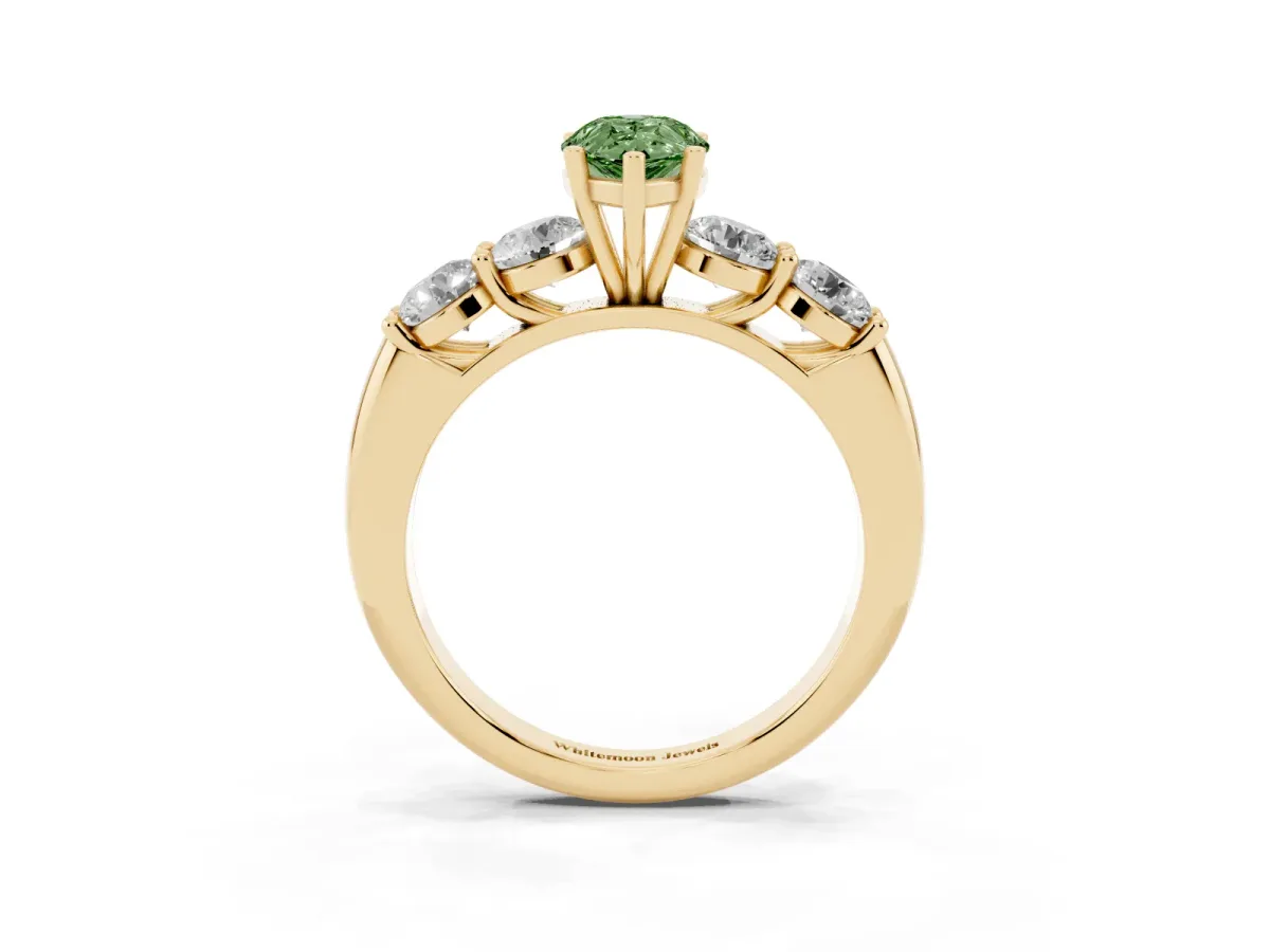 Fancy Green Pear Cut Cut Five-Stone Prong Set Diamond Ring with Classic Band Yellow gold