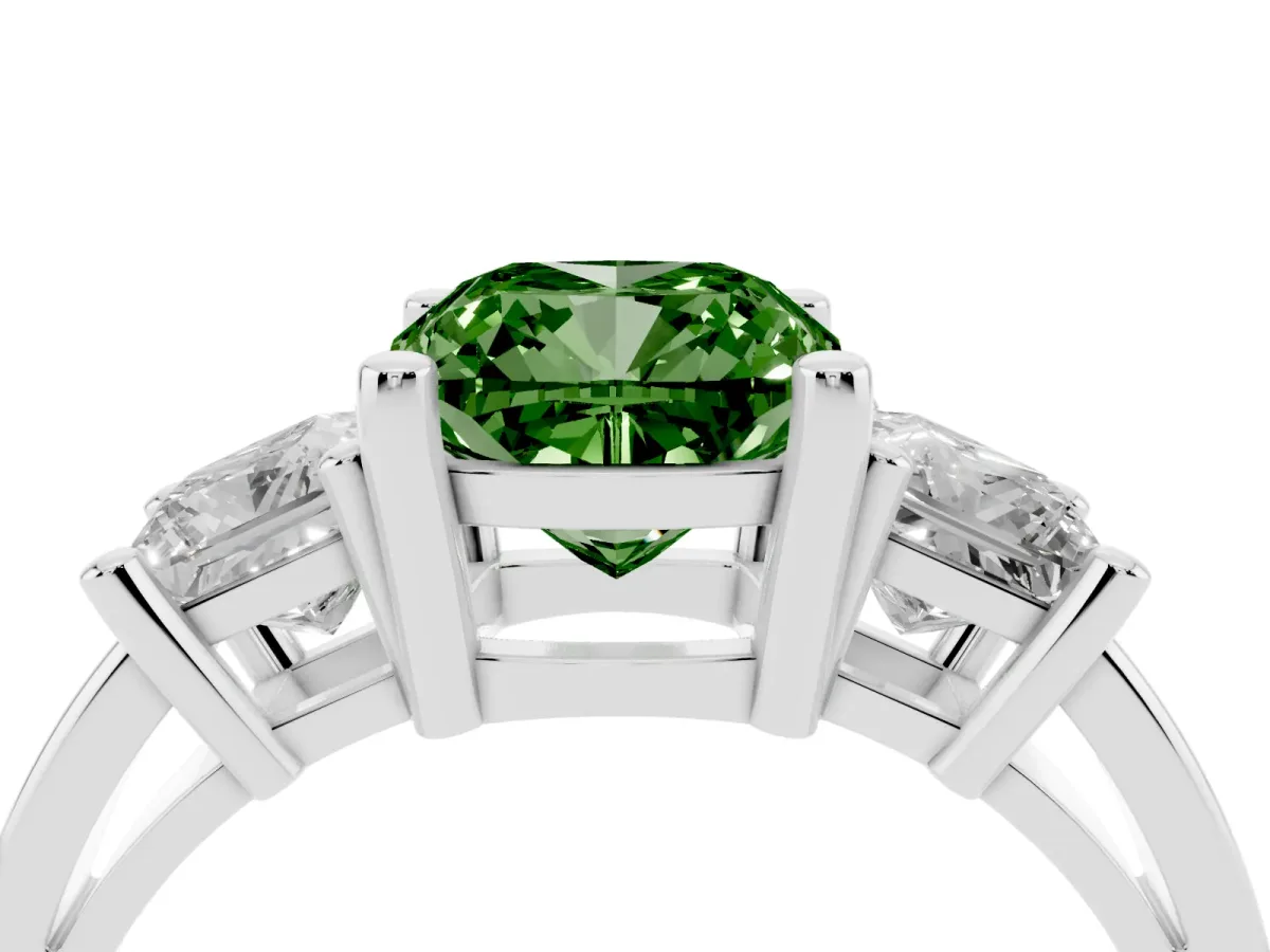 Fancy Green Three-Stone Cushion Cut Cut Solitaire Ring with Prong Setting Silver