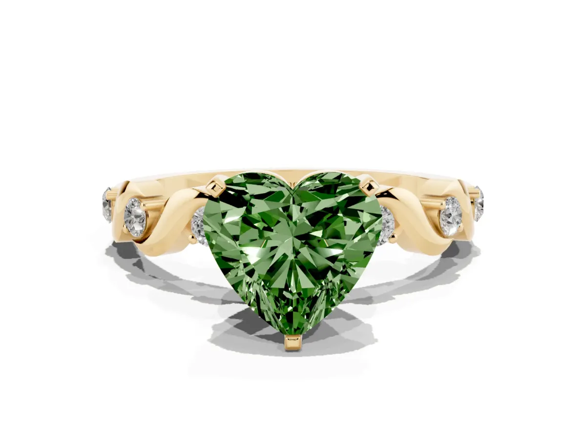 Fancy Green Heart Cut Diamond Solitaire Twisted Band with Round Accents and Prong Setting Yellow gold