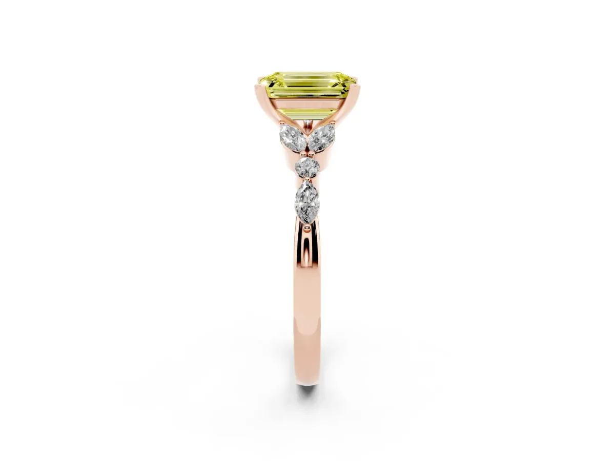 Fancy Yellow Emerald Cut Diamond Solitaire Ring with Side Stones and Four-Prong Setting Rose gold
