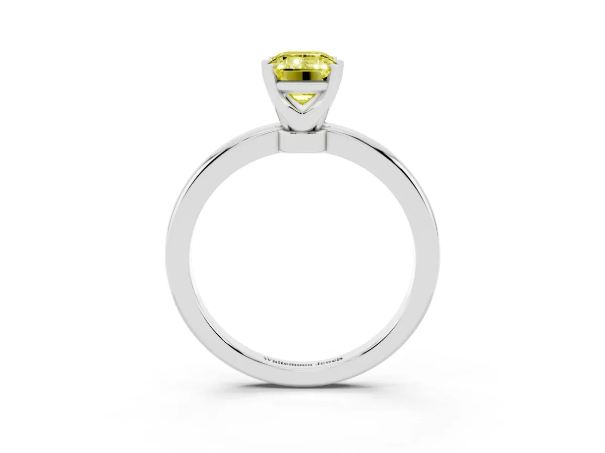 Fancy Yellow Emerald Cut Solitaire Diamond Ring with Six-Prong Setting on a Classic Band Platinum