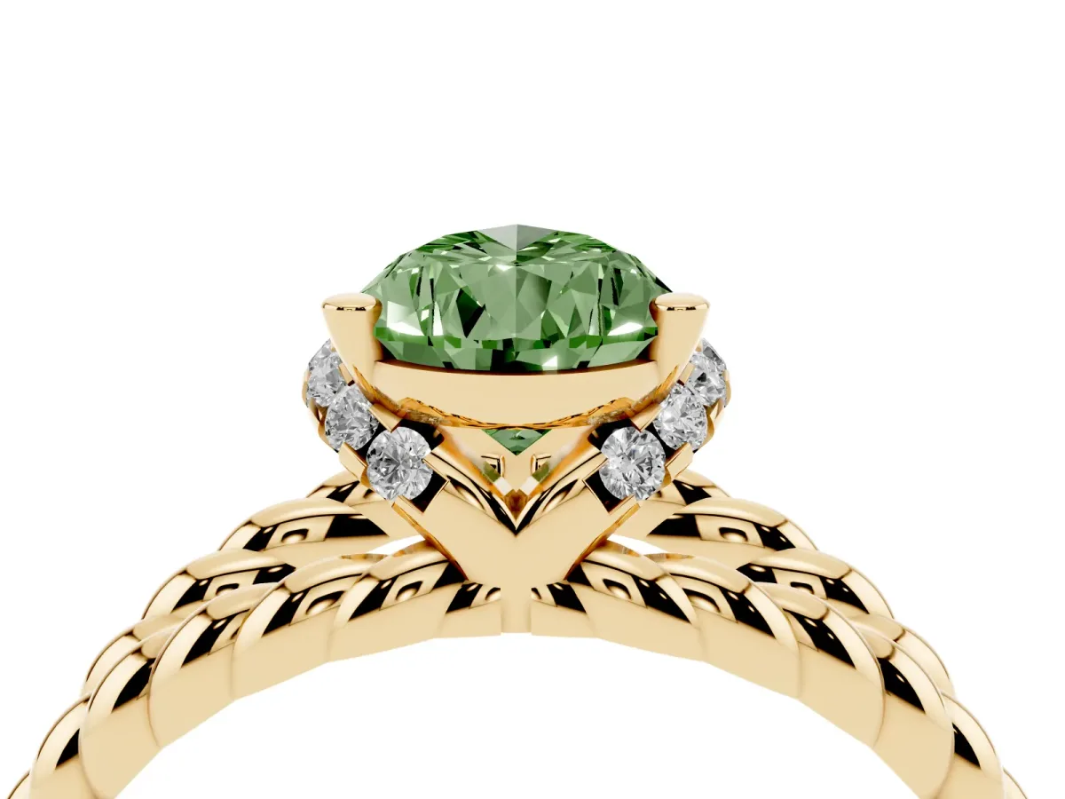 Fancy Green Pear Cut Halo Twisted Band Four-Prong Ring Yellow gold