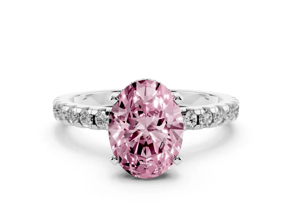 Fancy Pink Oval Cut Diamond Solitaire Ring with Round Pavé Band and Four-Prong Setting Silver