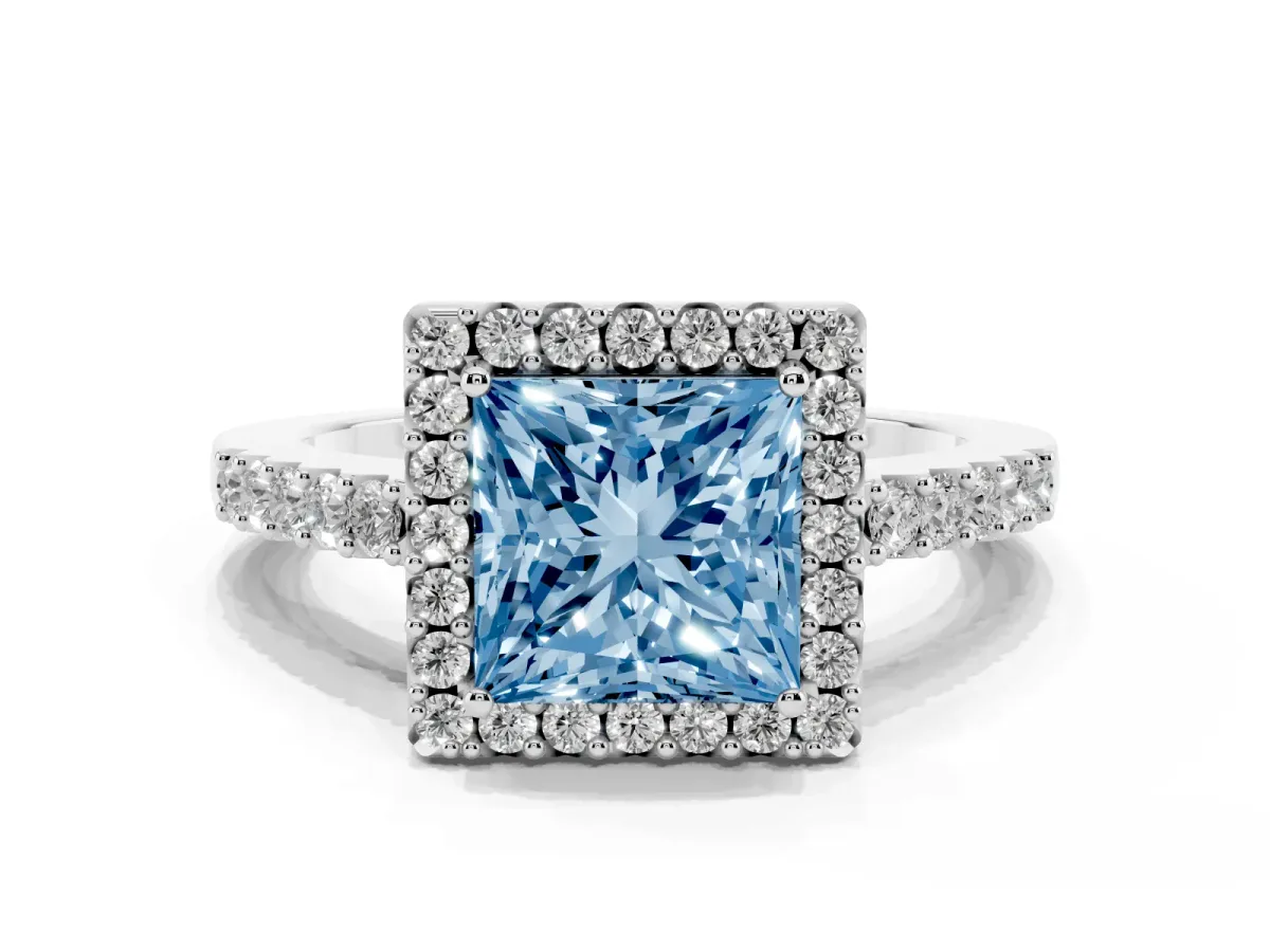 Fancy Blue Princess Cut Halo Diamond Pavé Solitaire Ring Platinum
