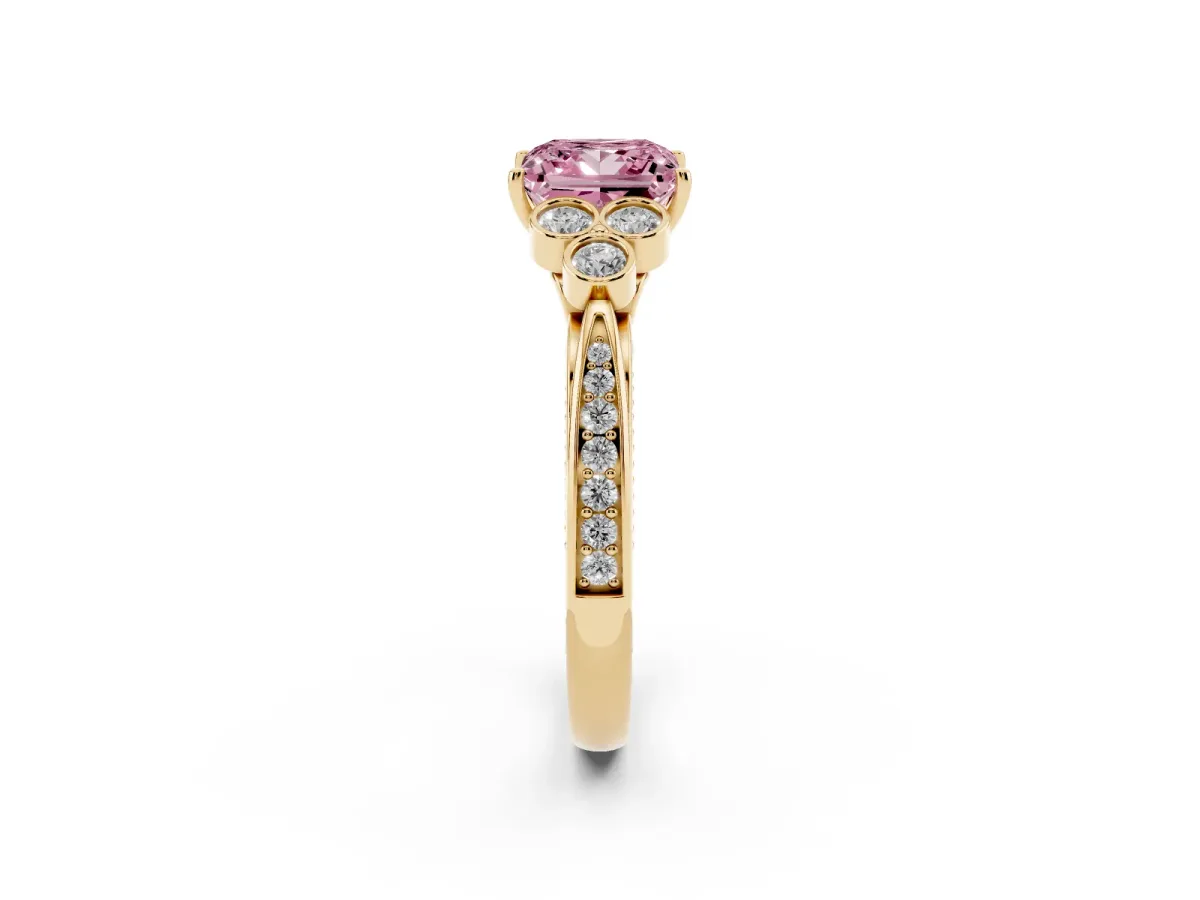 Fancy Pink Princess Cut Cut Diamond Engagement Ring with Bezel Set Round Side Stones and Prong Setting Yellow gold