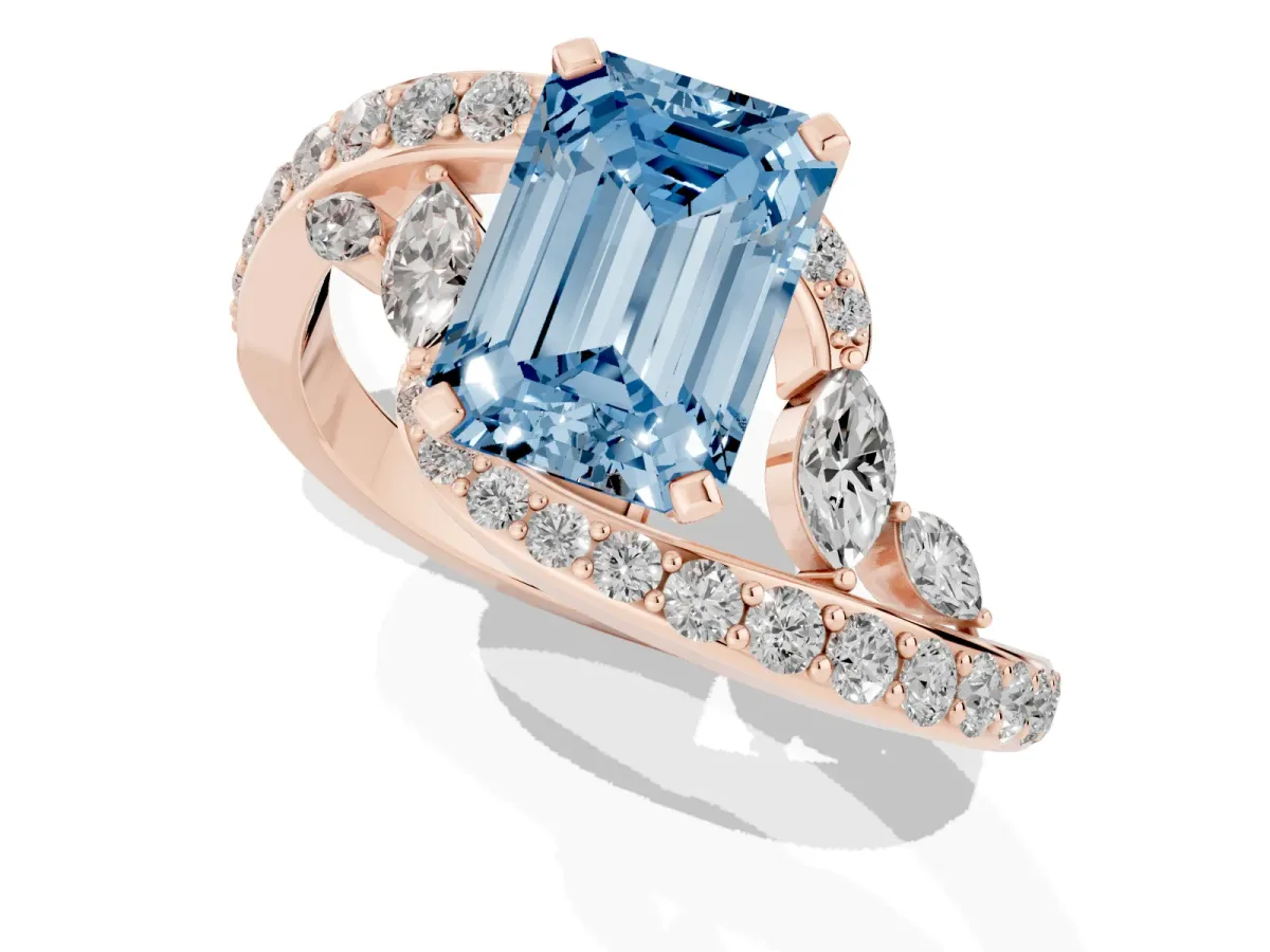 Fancy Blue Emerald Cut Solitaire with Pavé Twist Band and Four-Prong Setting Rose gold