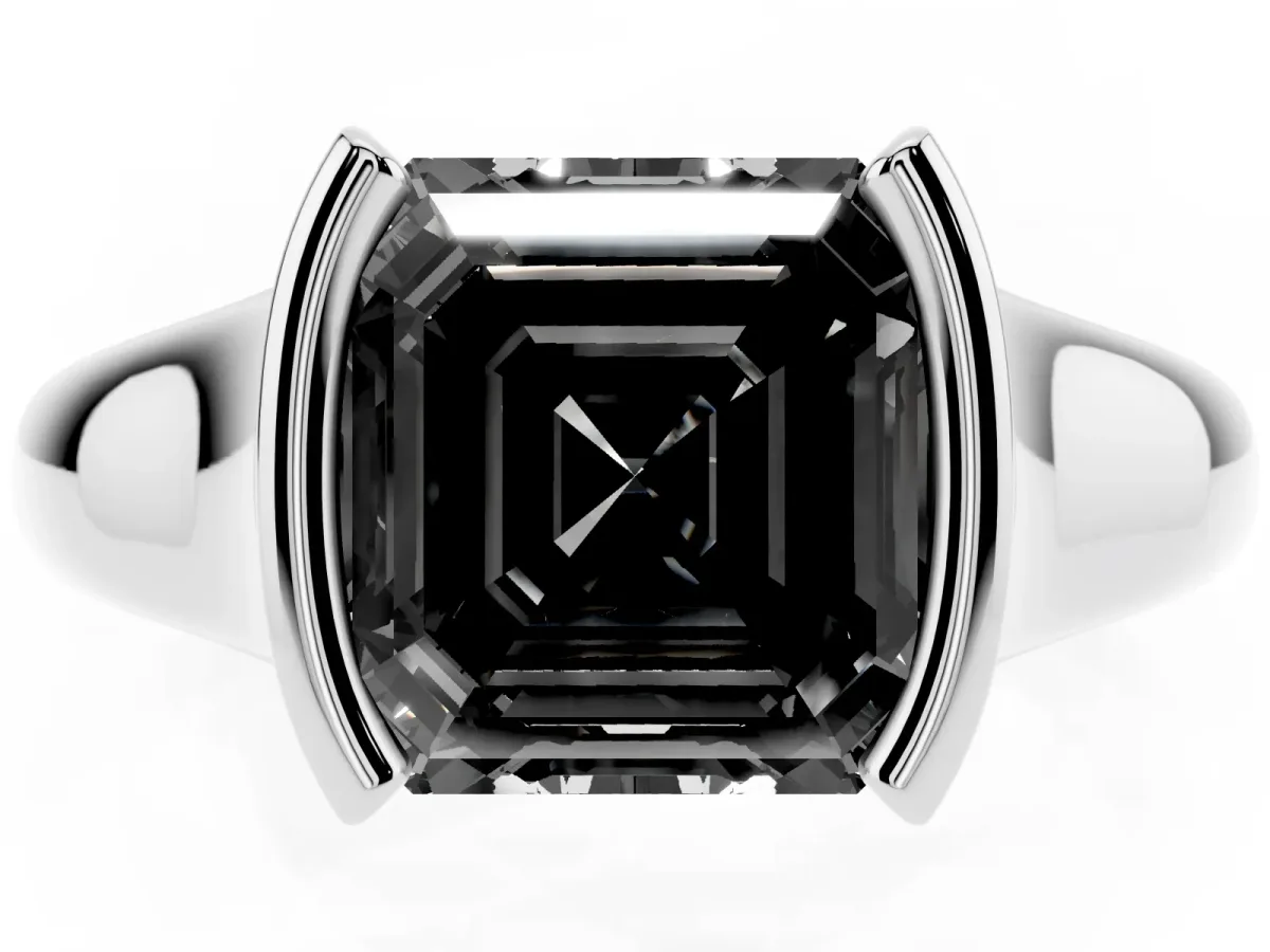 Fancy Black Asscher Cut Solitaire Tension Set Diamond Ring with Split Shank Band White gold