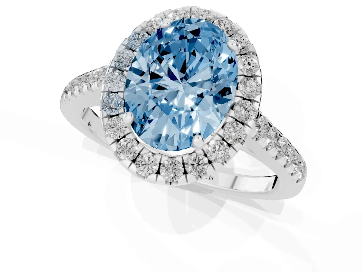 Fancy Blue Oval Cut Halo Pave Diamond Engagement Ring with Four-Prong Setting Silver