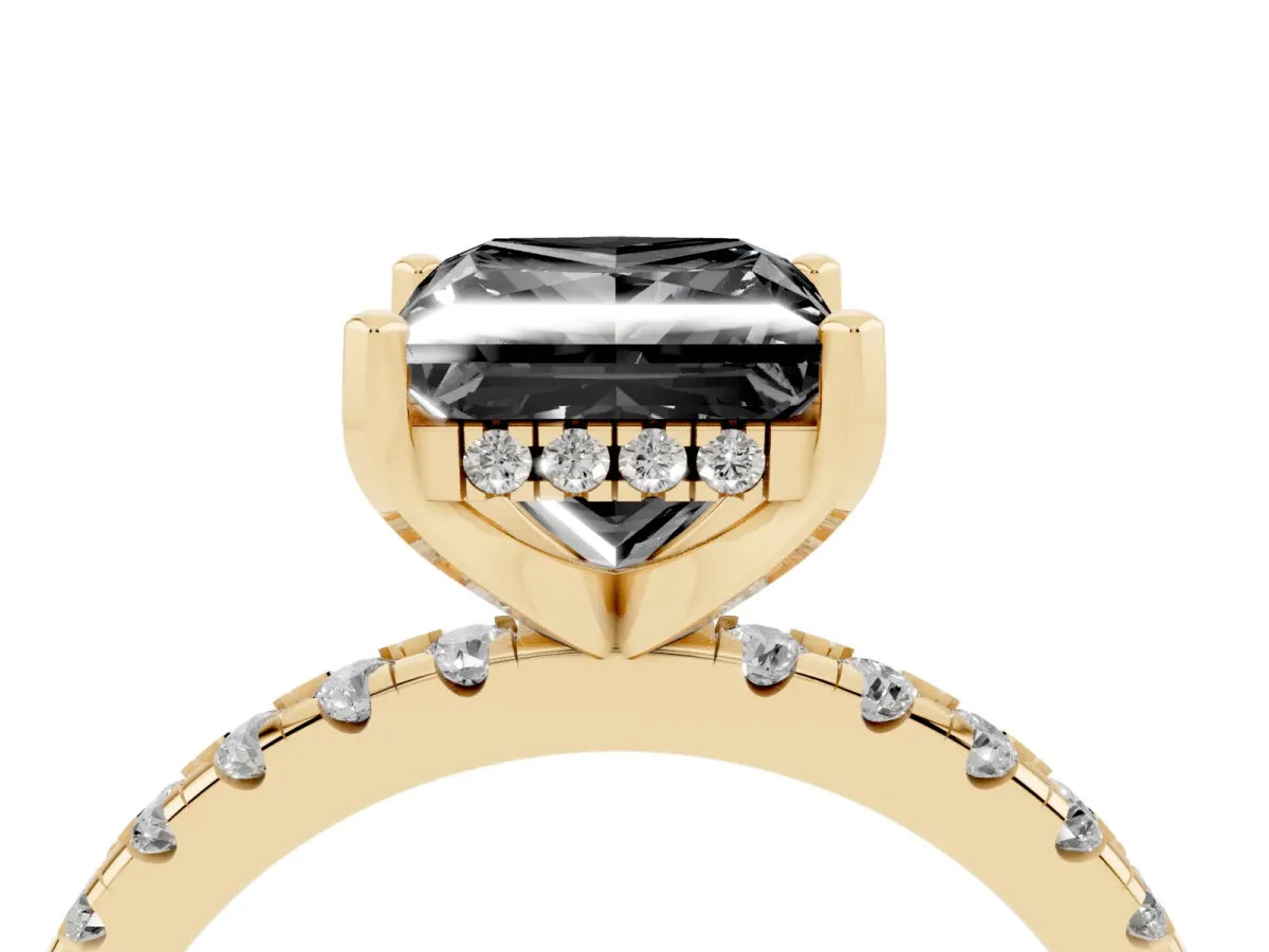 Fancy Black Princess Cut Diamond Solitaire Ring with Round Pavé Band and Four-Prong Setting Yellow gold