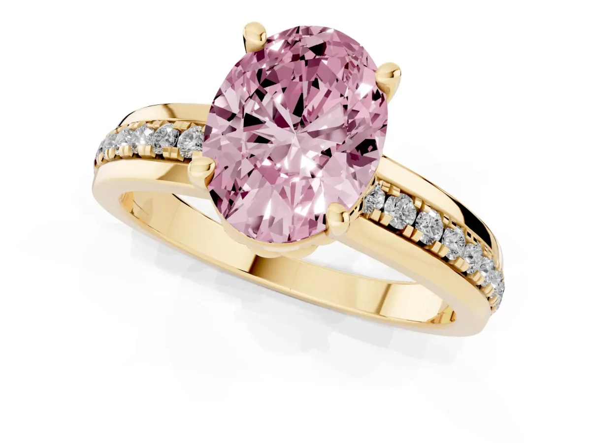 Fancy Pink Oval Cut Solitaire Diamond Ring with Channel Set Band and Six-Prong Setting Yellow gold