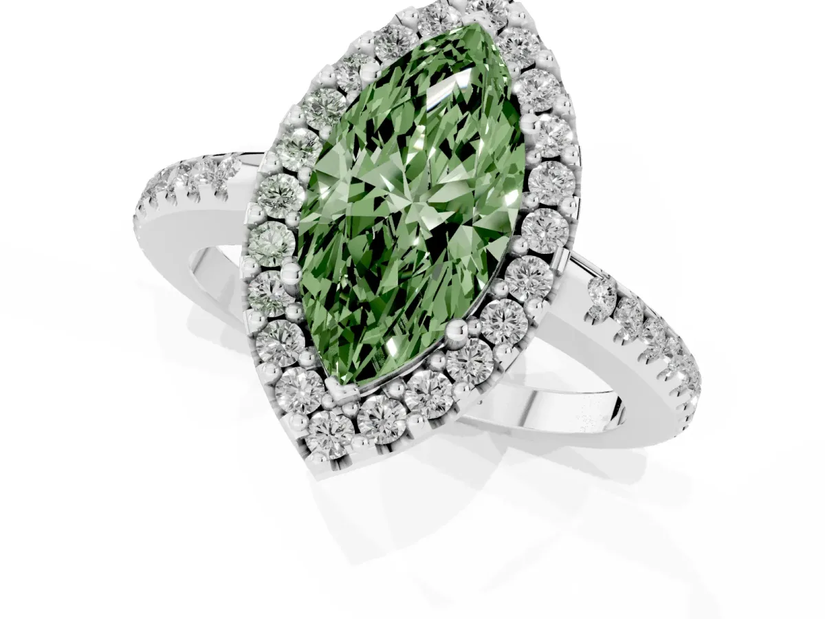 Fancy Green Marquise Cut Diamond Pavé Halo Ring with Four-Prong Setting Silver