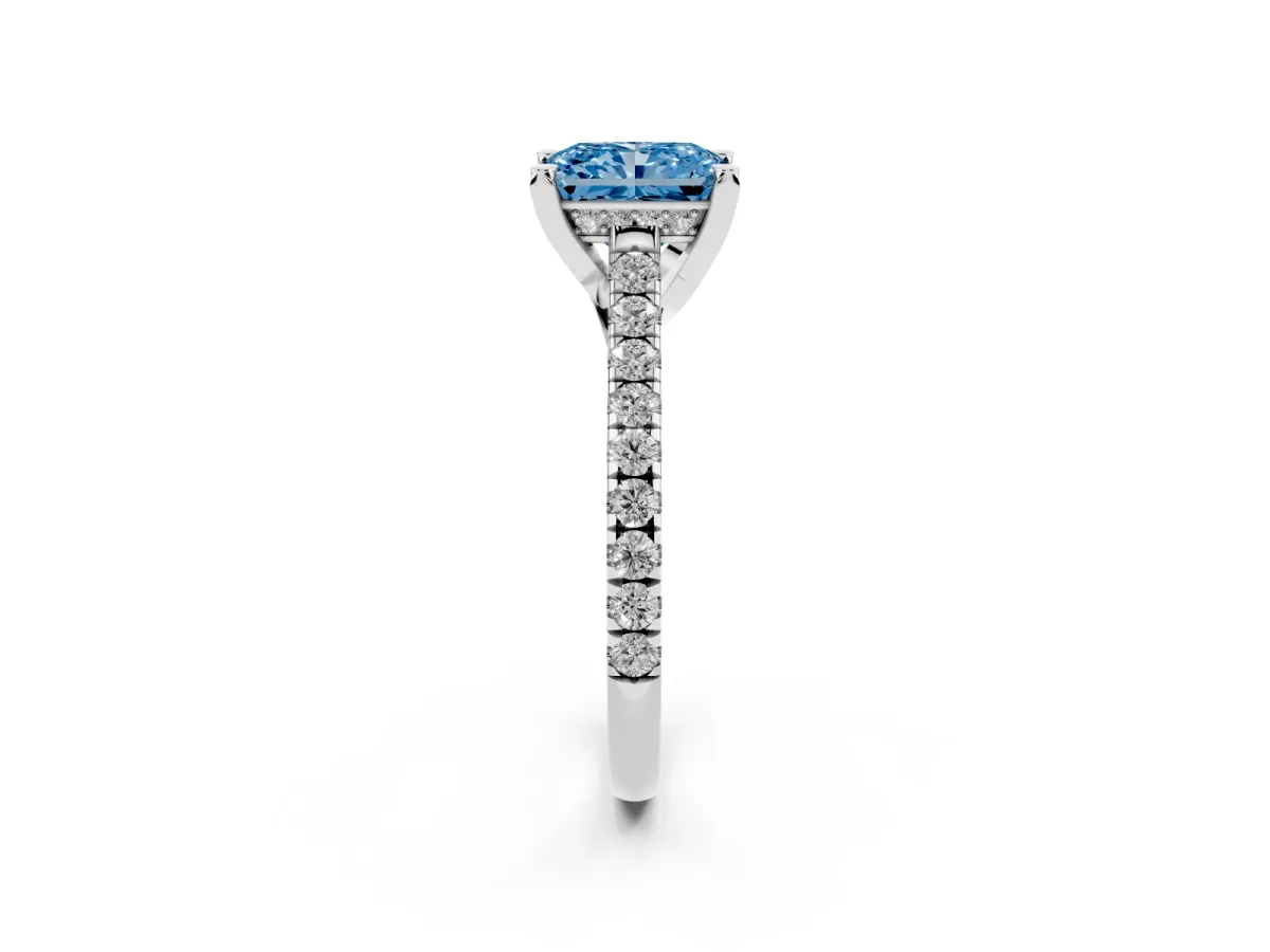 Fancy Blue Radiant Cut Brilliant Diamond Solitaire with Pavé Band and Four-Prong Setting Silver