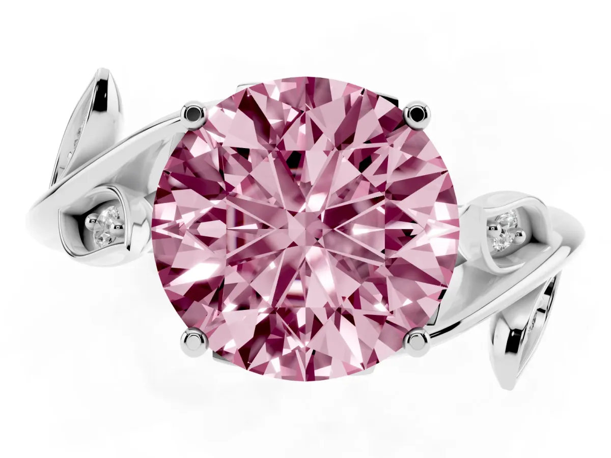 Fancy Pink Round Cut Solitaire Twist Engagement Ring with Leaf Accents and Prong Setting Silver