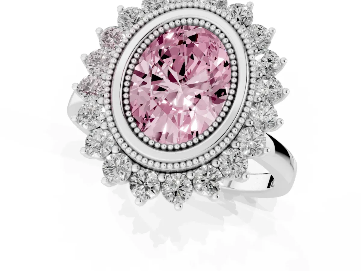 Fancy Pink Oval Cut Halo Diamond Ring with Milgrain Edge and Round Prong Setting Silver