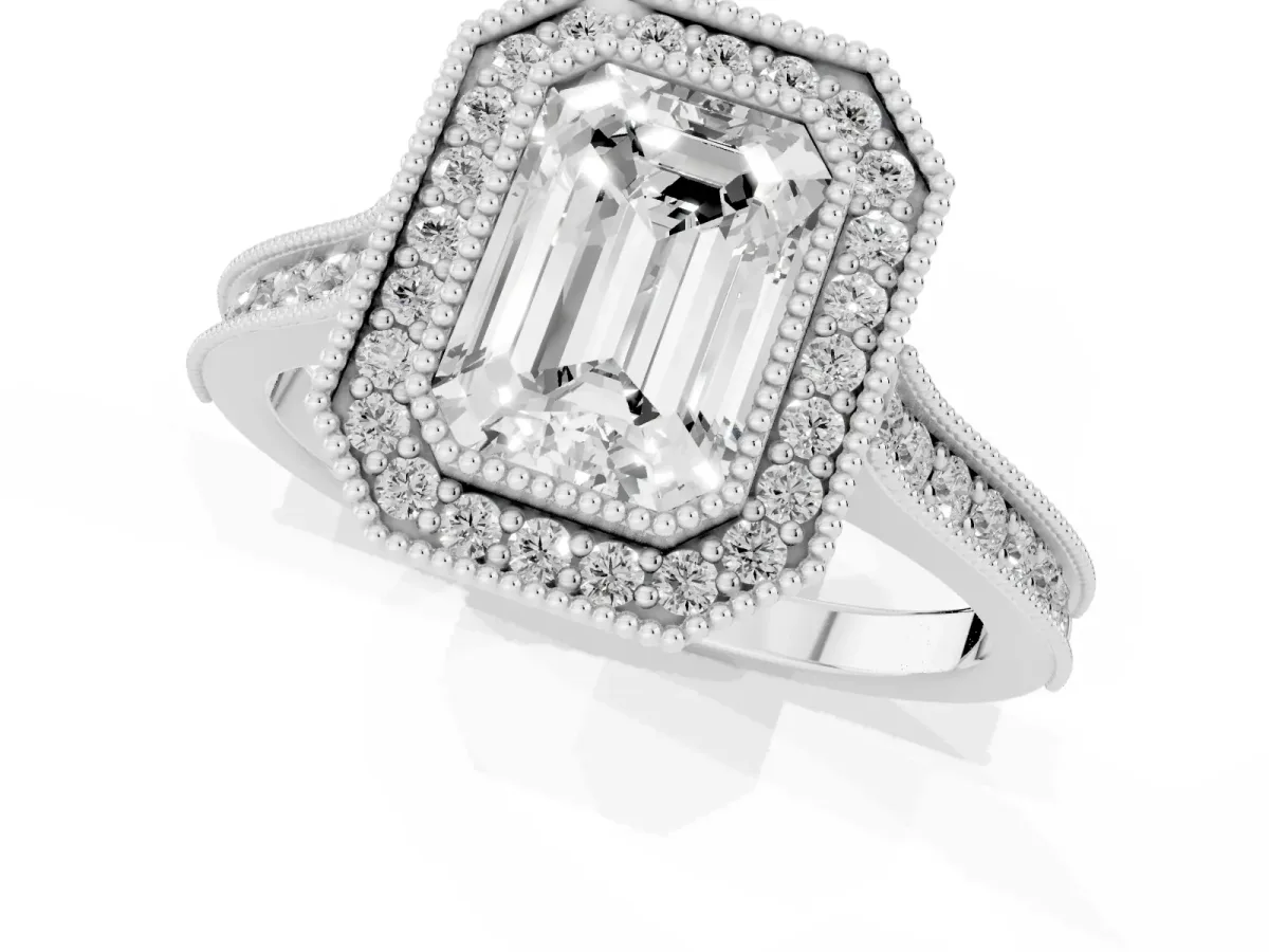 Halo Emerald Cut-Cut Diamond Pave Band Milgrain Prong Setting Ring Silver