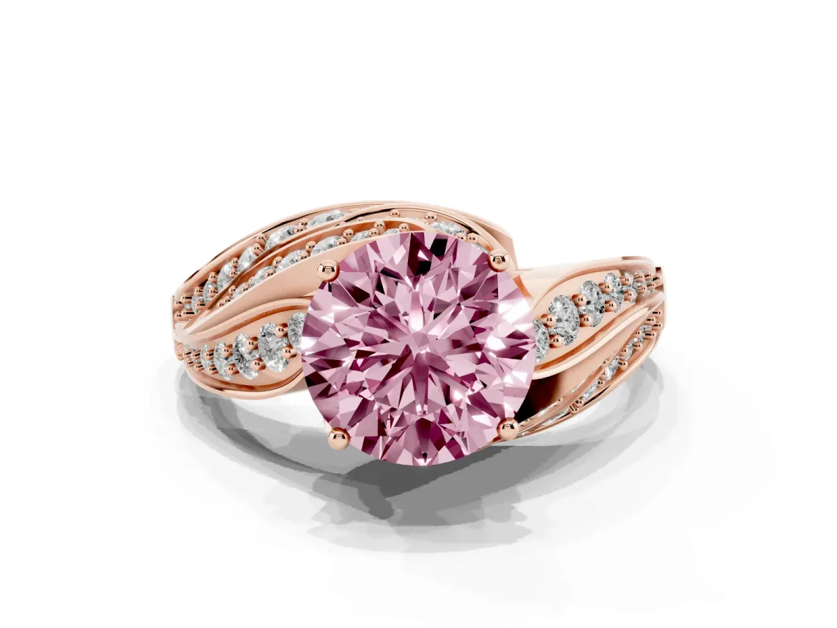 Fancy Pink Round Cut Diamond Solitaire Ring with Prong Setting and Twisted Pavé Band Rose gold