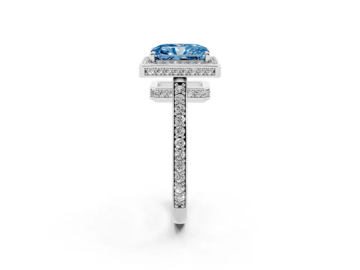 Fancy Blue Radiant Cut Halo Pave Band Solitaire Ring with Prong Setting Silver