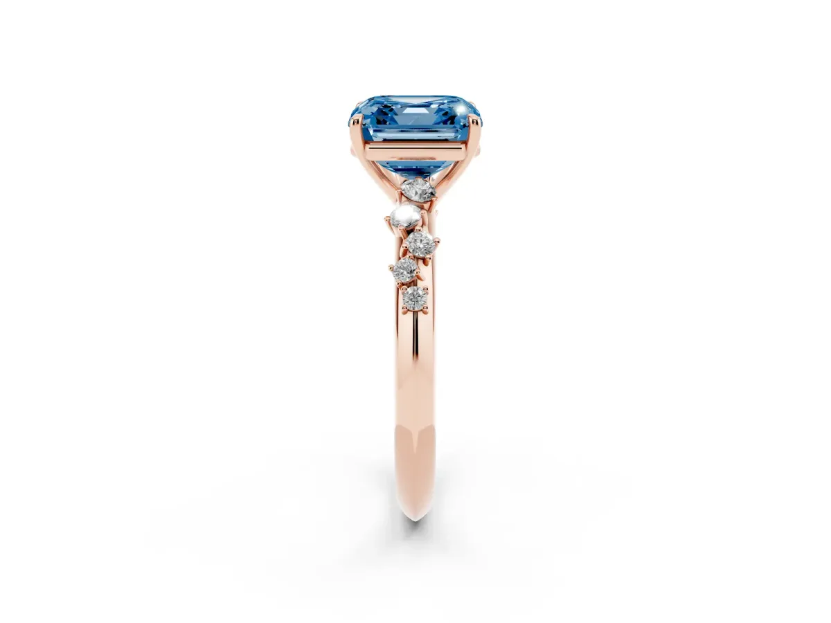 Fancy Blue Asscher Cut Diamond Cluster Side Stone Solitaire Ring with Prong Setting Rose gold