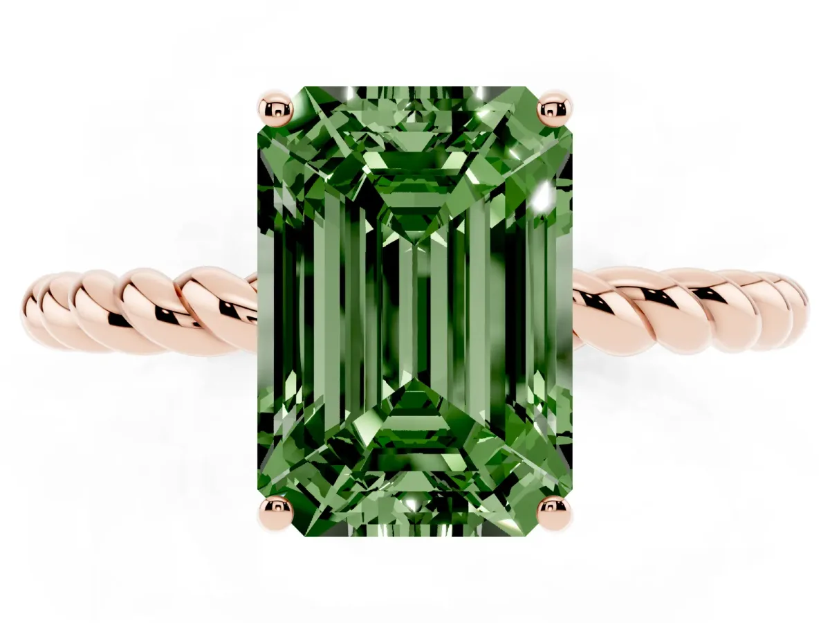 Fancy Green Emerald Cut Solitaire Twisted Band 4-Prong Ring Rose gold