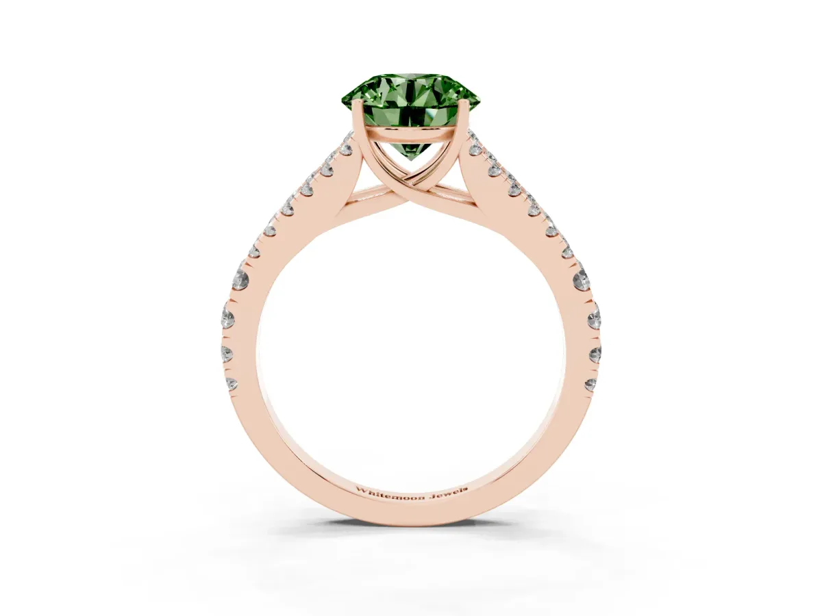 Fancy Green Round Cut Diamond Split Shank Engagement Ring with Round Pavé and Prong Setting Rose gold